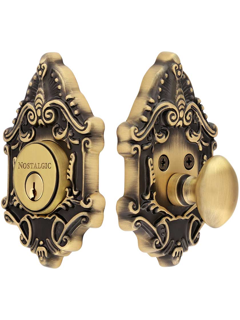 Victorian Style Single-Cylinder Deadbolt Keyed Differently in Antique Brass.